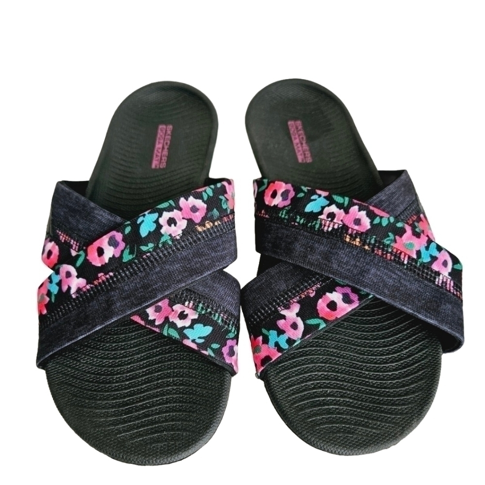 Skechers Black Slides with Pink & Teal Floral Straps